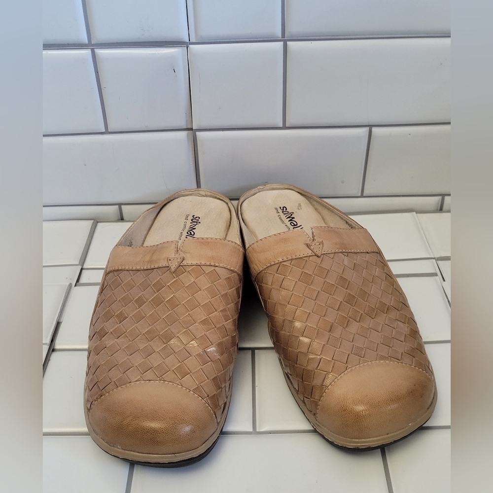 SOFTWALK San Marcos S1366-102 Women’s Tan Woven Leather Slides Mules Wedge Heel